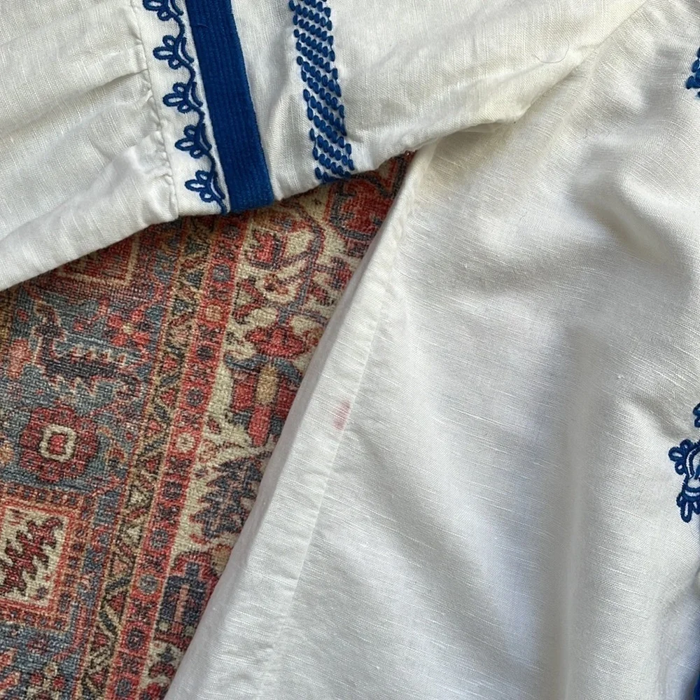 J. Crew Linen Cotton Folk Peasant Boho White & Blue Embroidered Blouse Top